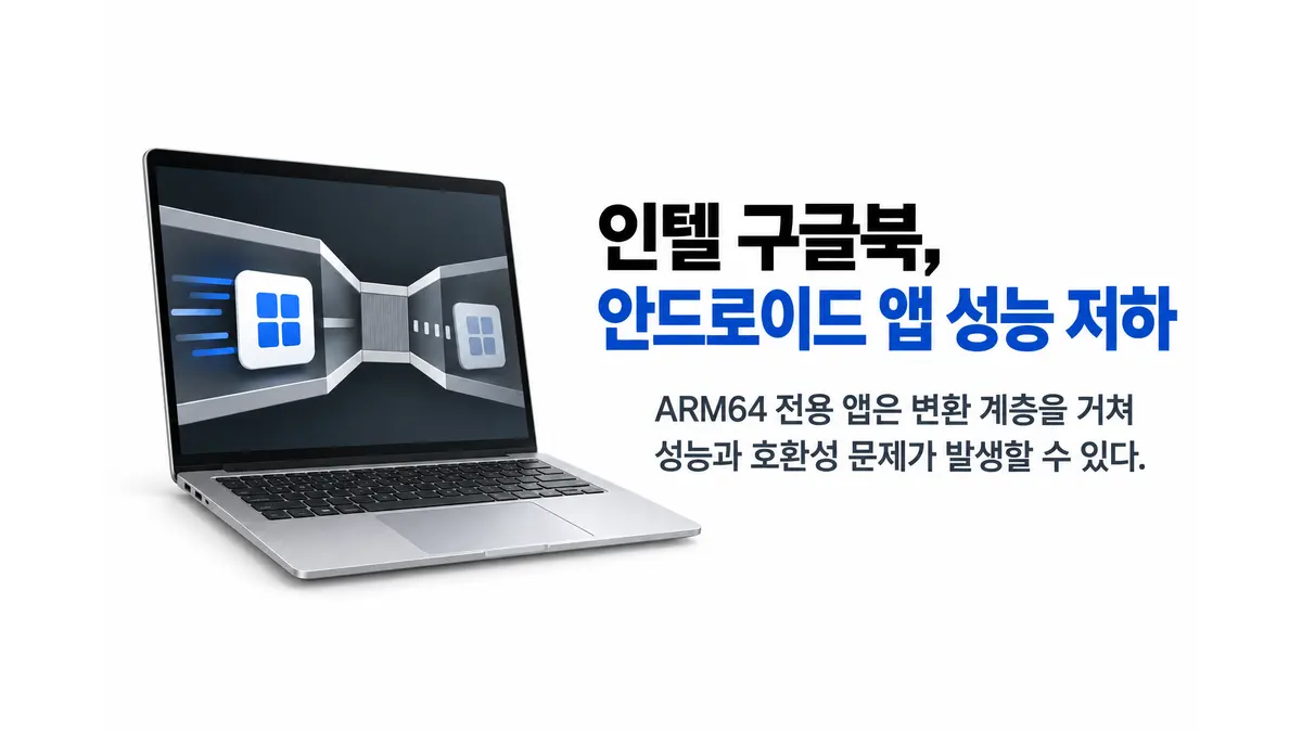 인텔 구글북, 일부 안드로이드 앱 성능 저하 — 기사 주제를 표현한 AI 생성 개념 삽화
